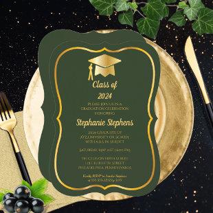 Elegant Green | Gold Cap Graduation Party Invitation