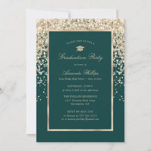 Elegant Green Gold Glitter Photo Graduation Party Invitation