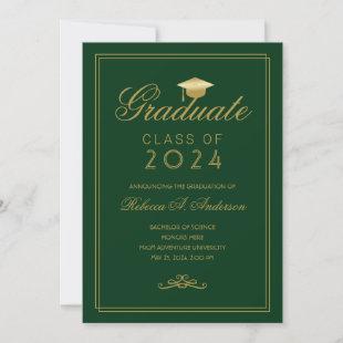 Elegant Green Gold Grad Cap College Graduation Announcement