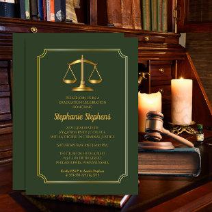 Elegant Green | Gold Law Attorney Graduation Party Invitation
