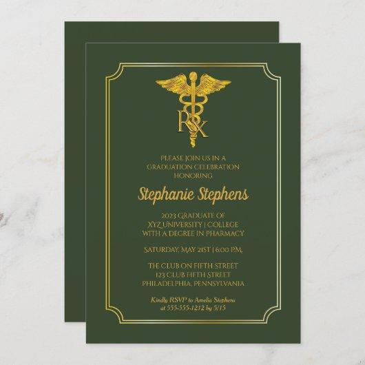 Elegant Green | Gold Rx Pharmacy Graduation Party Invitation