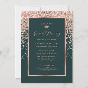 Elegant Green Rose Gold Confetti Photo Grad Party Invitation