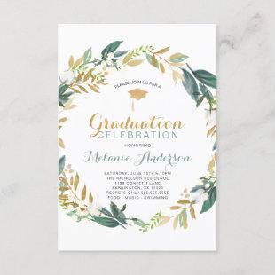 Elegant Greenery Gold Wreath Graduation Party Invitation