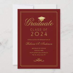 Elegant Maroon Gold Grad Cap College Graduation  Announcement