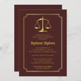 Elegant Maroon Gold Law Attorney Graduation Party Invitation