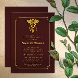 Elegant Maroon Gold MD Physician Graduation Party Invitation