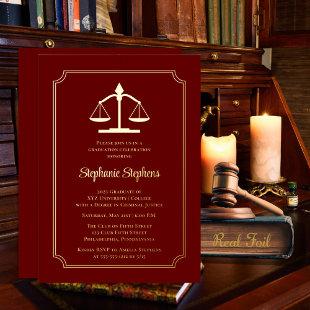 Elegant Maroon Law Attorney Graduation Party Foil Invitation