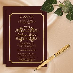 Elegant Maroon University Graduation Party Gold  Foil Invitation