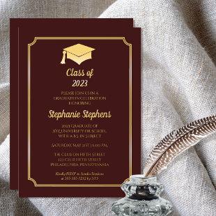 Elegant Maroon University Graduation Party Gold Foil Invitation