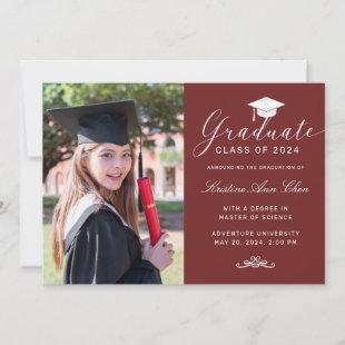 Elegant Maroon White Script Cap Photo Graduation Announcement