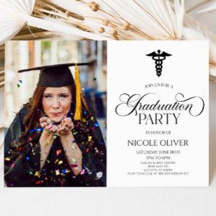 Elegant Medical Caduceus Custom Picture Graduation Invitation