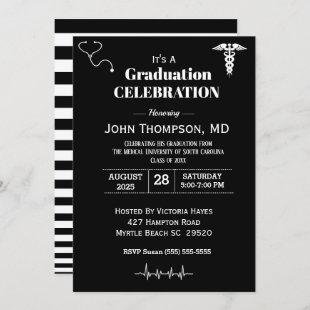 Elegant Medical Graduation Party Black and White  Invitation