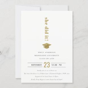 Elegant Minimal Gold Typography Graduation Cap Invitation