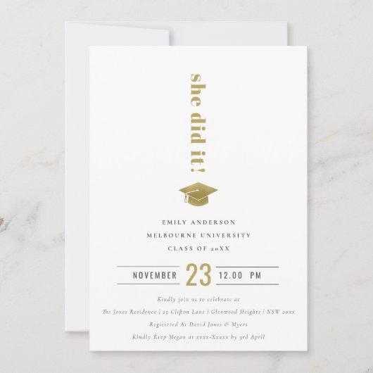 Elegant Minimal Gold Typography Graduation Cap Invitation