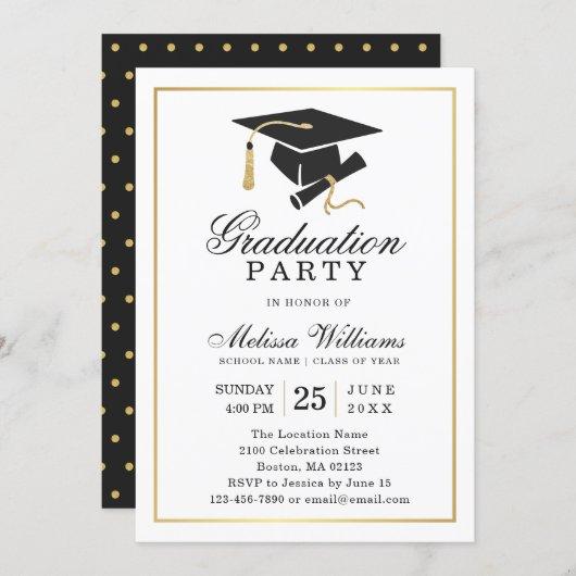 Elegant Modern Black White Gold Graduation Party Invitation