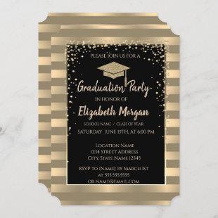 Elegant Modern Gold Glitter Graduation Cap,Stripes Invitation