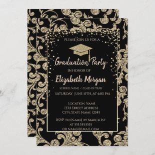 Elegant Modern Gold  Glitter Graduation Cap,Swirls Invitation