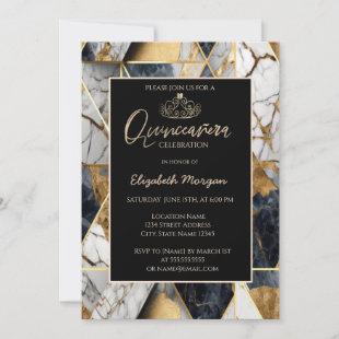 Elegant Modern Gold Tiara,Black Geometric Marble  Invitation