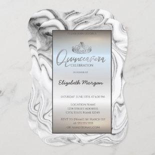 Elegant Modern Gold Tiara,Silver Marble Invitation
