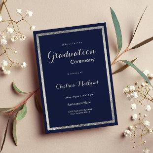 Elegant modern navy blue faux silver Graduation Invitation
