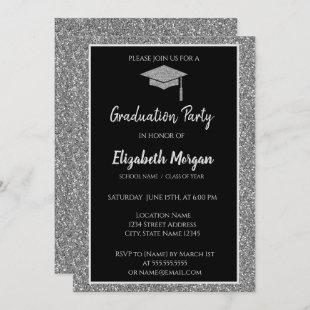 Elegant Modern Silver Glitter Graduation Cap Invitation