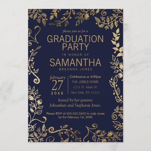 Elegant Navy Blue and Gold Floral Graduation Invitation