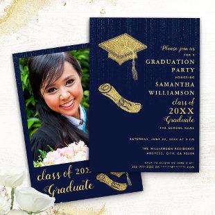 Elegant Navy Blue and Gold Graduation Party Invitation