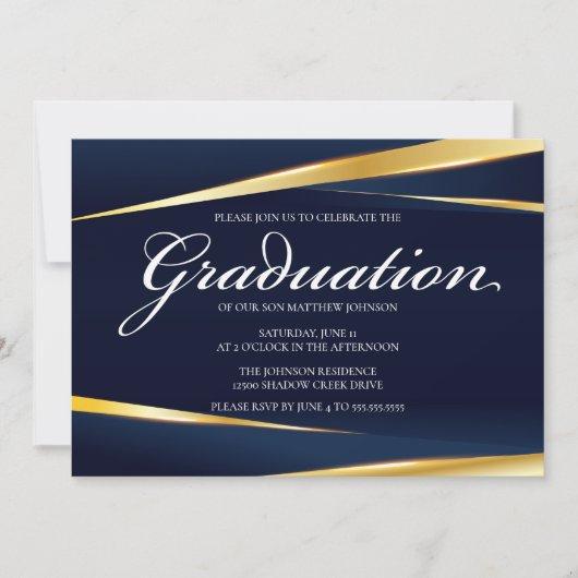 Elegant Navy Blue Gold Geometric Formal Graduation Invitation