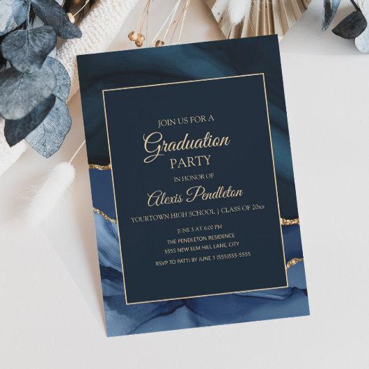 Elegant Navy Blue Gold Marble Agate Graduation Invitation