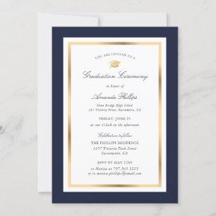 Elegant Navy Blue Gold Photo Graduation Ceremony Invitation