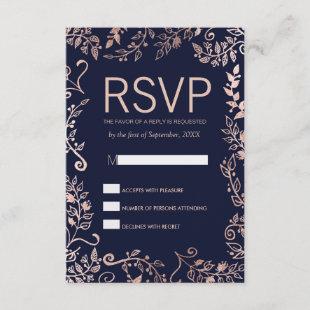 Elegant Navy Blue Rose Gold Floral RSVP Cards