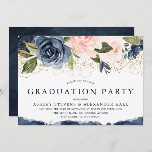 Elegant Navy Floral Gold Blush Graduation Party Invitation