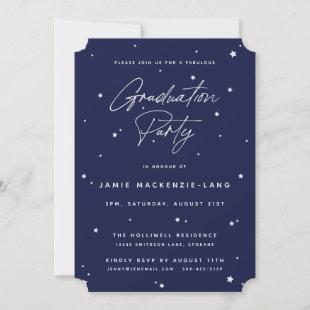 Elegant Navy Script and Stars Graduation Party Invitation