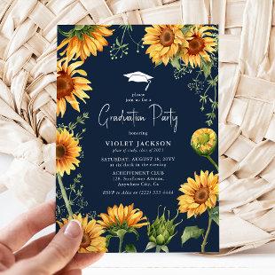 Elegant Navy & Yellow Sunflower Floral Graduation  Invitation