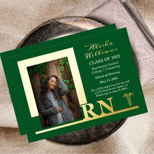 Elegant Nurse RN Caduceus Photo Graduate Green Foil Invitation