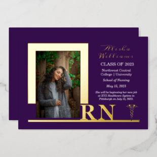 Elegant Nurse RN Caduceus Photo Graduate Purple Foil Invitation