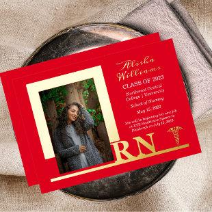 Elegant Nurse RN Caduceus Photo Graduate Red Foil Invitation
