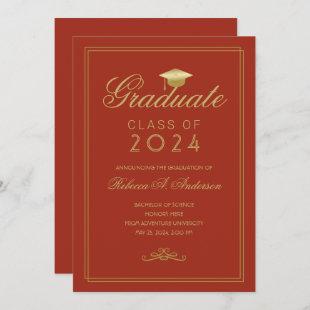 Elegant Orange Gold Grad Cap College Graduation Announcement