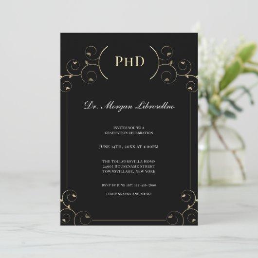 Elegant PhD degree Gold Black Graduation Party Invitation