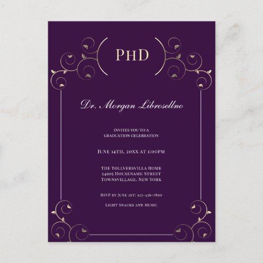 Elegant PhD degree Gold Purple Graduation Party Invitation Postcard