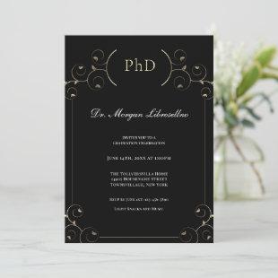 Elegant PhD Gold Black Graduation Party Invitation