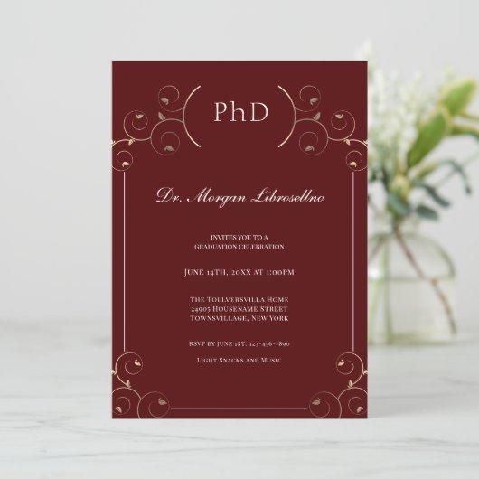 Elegant PhD Gold Burgundy Graduation Invitation