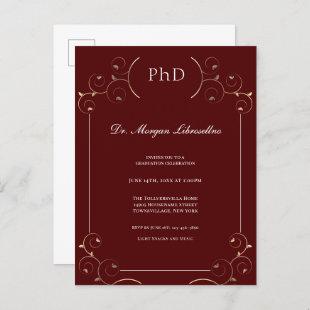 Elegant PhD Gold Burgundy Invitation Postcard