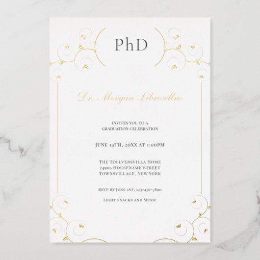 Elegant PhD Gold Gray White Graduation Party Foil  Foil Invitation