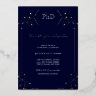 Elegant PhD Gold White Blue Graduation Party Foil Invitation