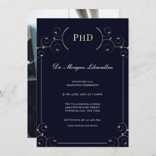 Elegant PhD Photo Gold Blue Graduation Party Invitation