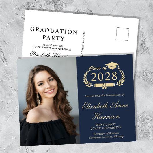 Elegant Photo Blue Graduation Party Invitation Postcard