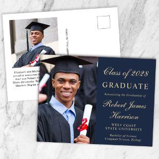 Elegant Photo Bue Gold College Graduation Announcement Postcard