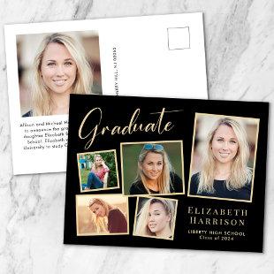 Elegant Photo Collage Black Gold Graduation Announcement Postcard