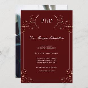 Elegant Photo PhD Gold Burgundy Graduation Invitation